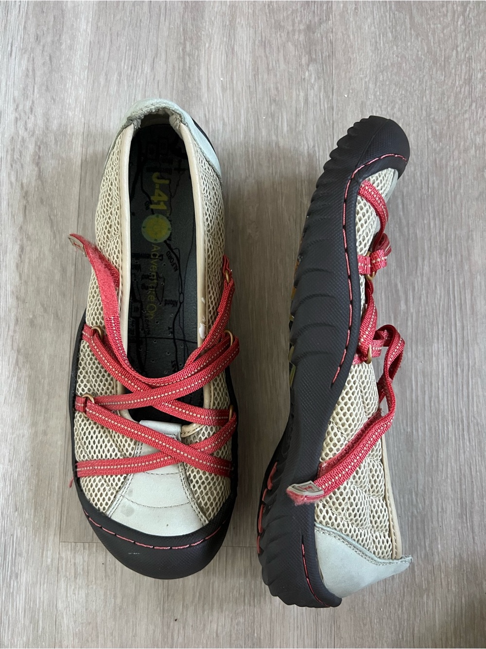 J-41 GEMINI Jeep Engineered Traction Strap Tan/Coral Mesh Shoes Women 8